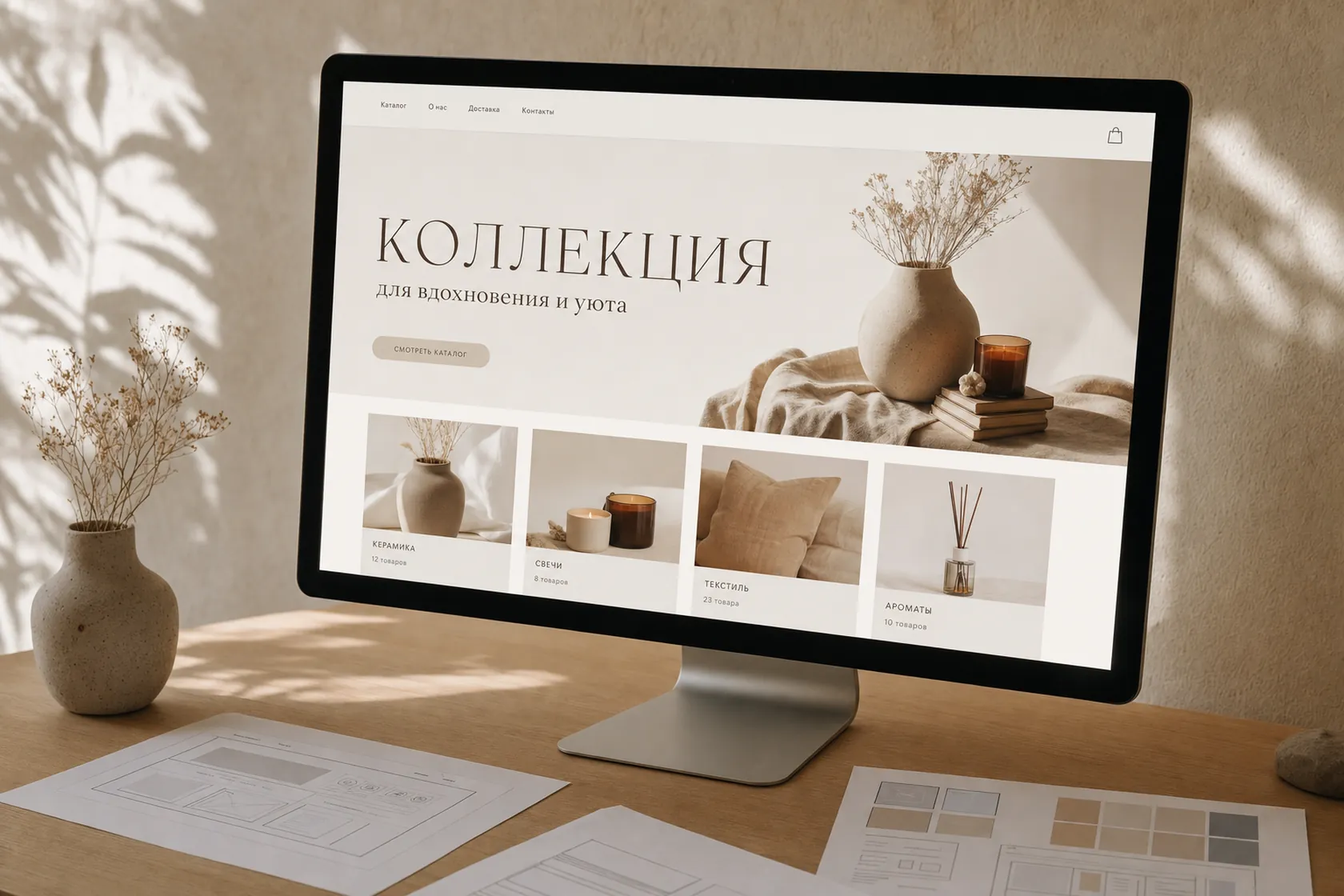 Монитор с минималистичным интернет-магазином в тёплом интерьере студии